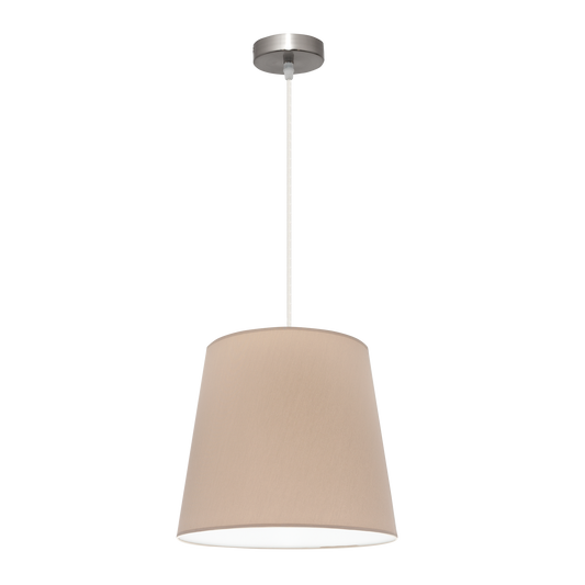 Lámpara colgante Maldivas fabricada en metal color níquel con pantalla textil color piedra