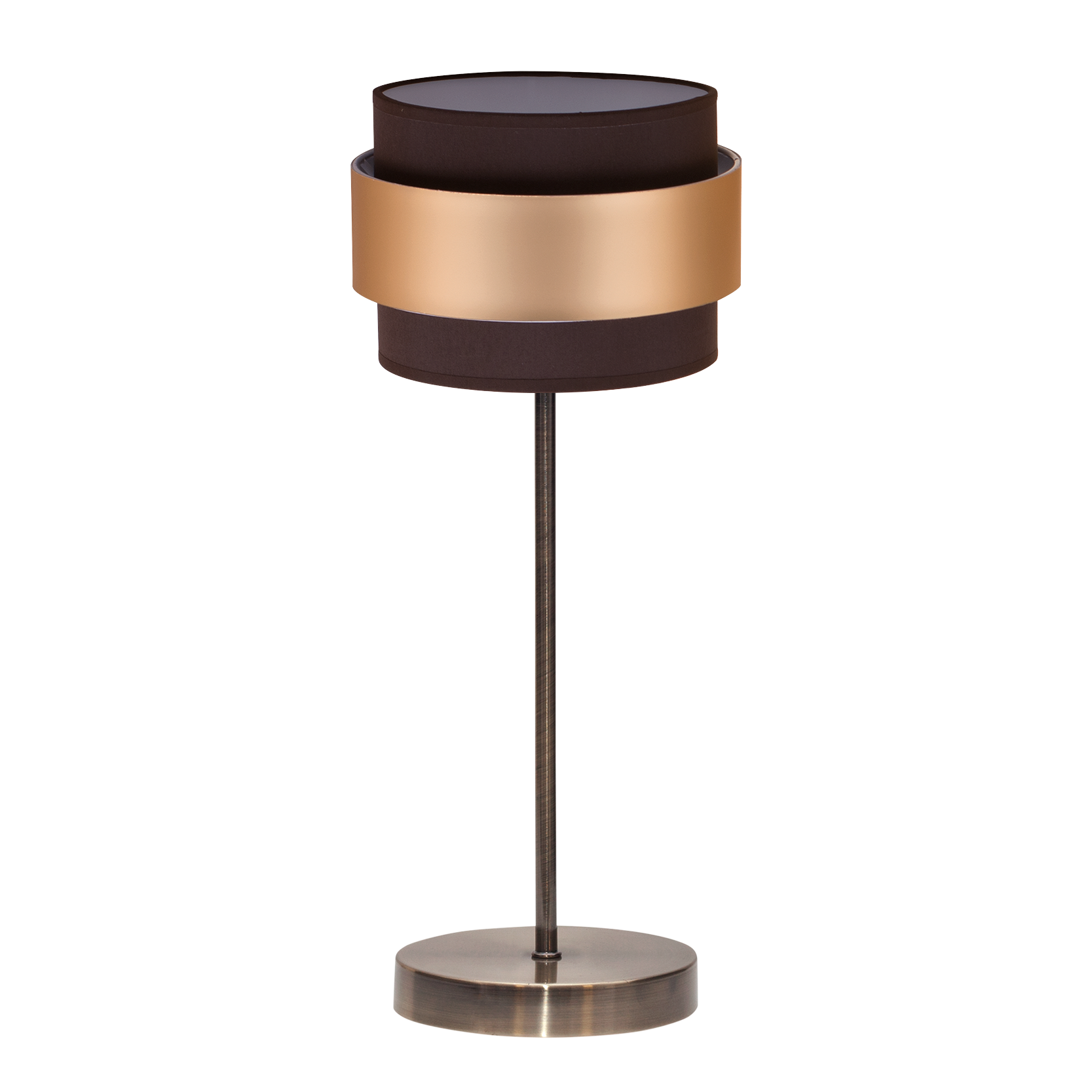 Lámpara Bremen fabricada en metal color cuero y textil marrón/oro