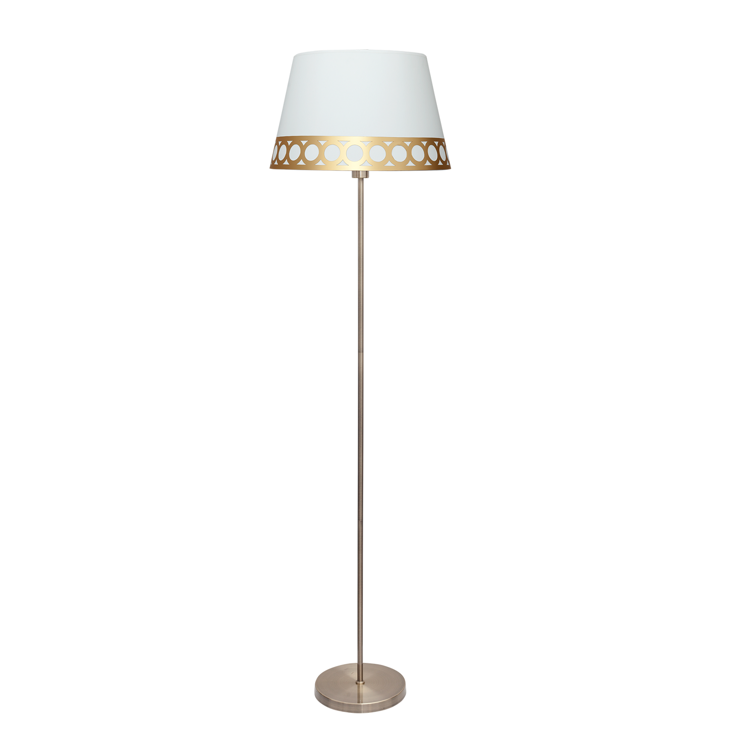 Lámpara Dalia fabricada en metal color cuero y textil blanco/oro, ideal para interiores