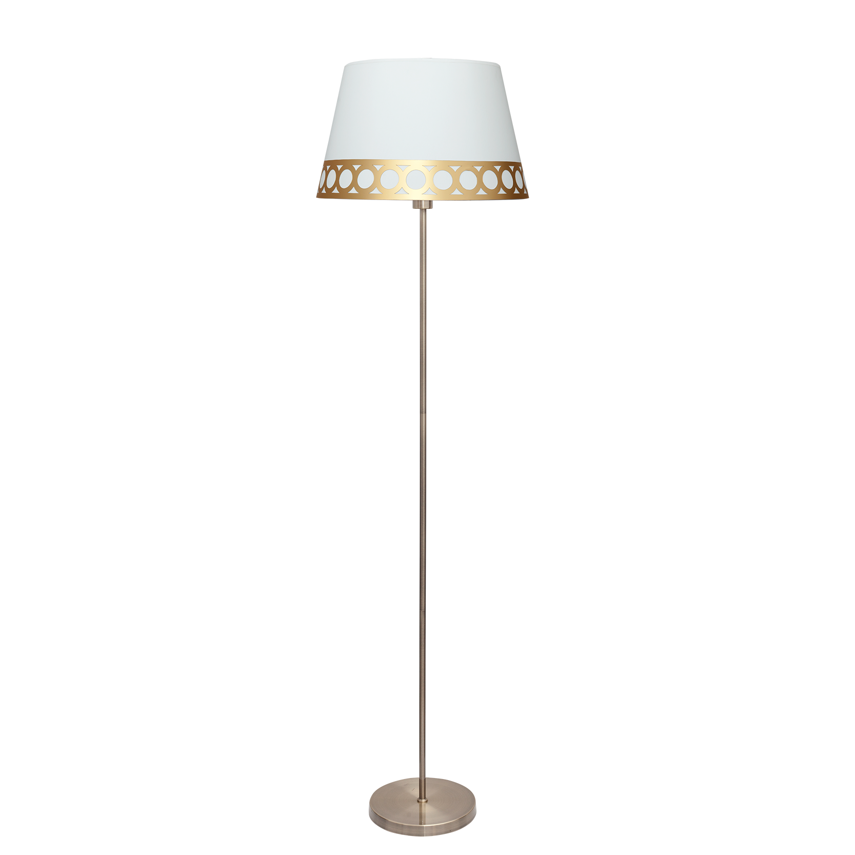 Lámpara Dalia fabricada en metal color cuero y textil blanco/oro, ideal para interiores