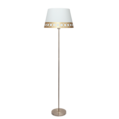 Lámpara Dalia fabricada en metal color cuero y textil blanco/oro, ideal para interiores