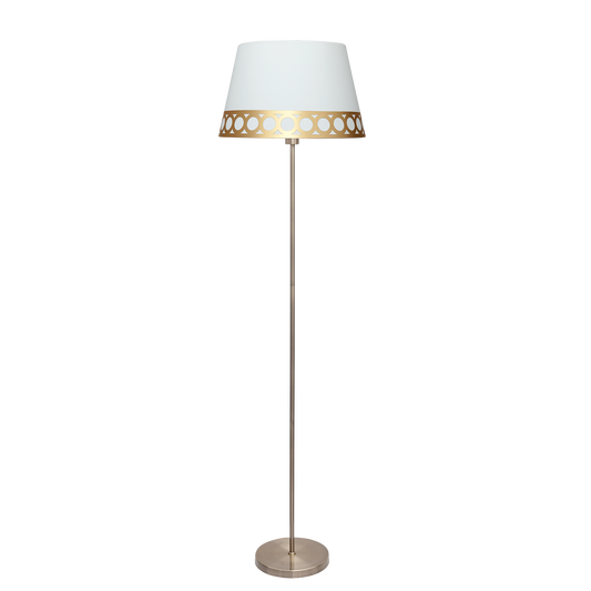 Lámpara Dalia fabricada en metal color cuero y textil blanco/oro, ideal para interiores