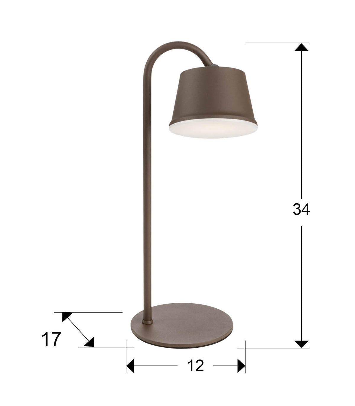 Plano con medidas de Lámpara de Sobremesa LED Portátil Cuco 3W Acabado Corten Schuller