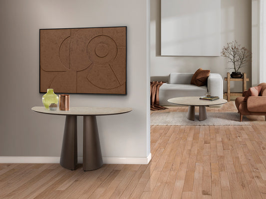 Consola Samara 130 cm Acabado Travertino y Marrón Óxido Schuller en ambiente decorado | Schuller