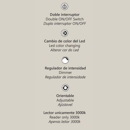 Detalle de los interruptores y LED dual del pie de salón KOS arena