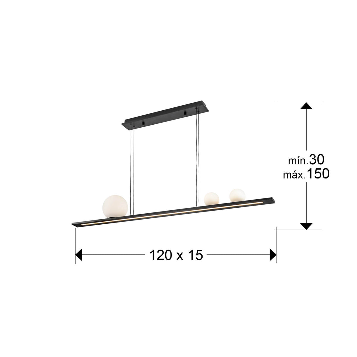 Plano con medidas de Lámpara Colgante LED Mila 31W Negro con 3 Tulipas Schuller · Ref. 504324