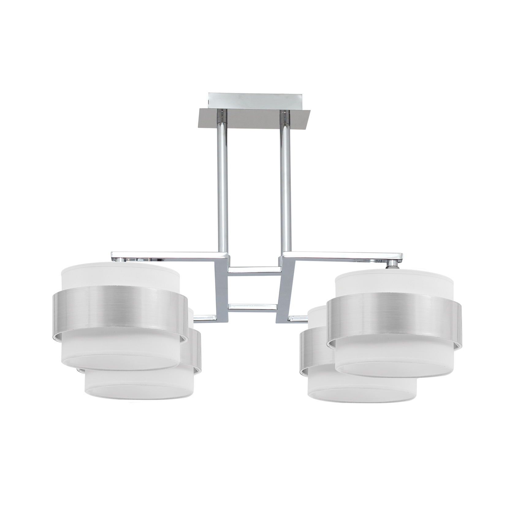 Lámpara Bremen fabricada en Metal color Cromo, con pantallas en Textil Blanco y Plata