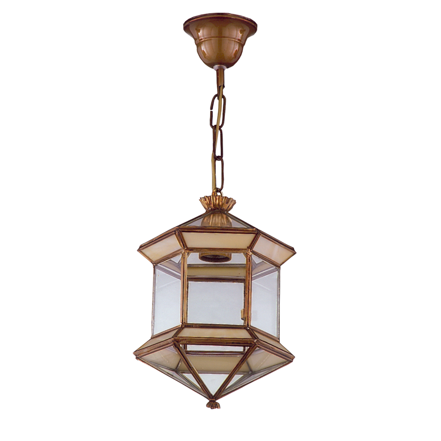Farol colgante fabricado en Metal color Bronce con cristal opalina
