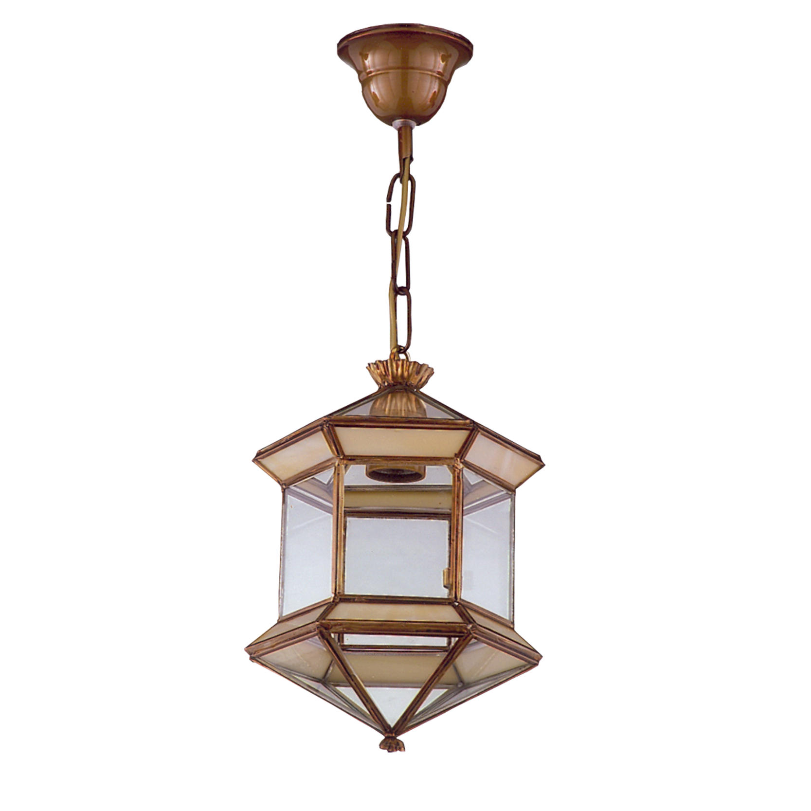 Farol colgante fabricado en Metal color Bronce con cristal opalina