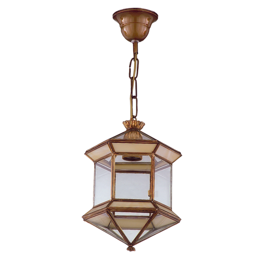 Farol colgante fabricado en Metal color Bronce con cristal opalina