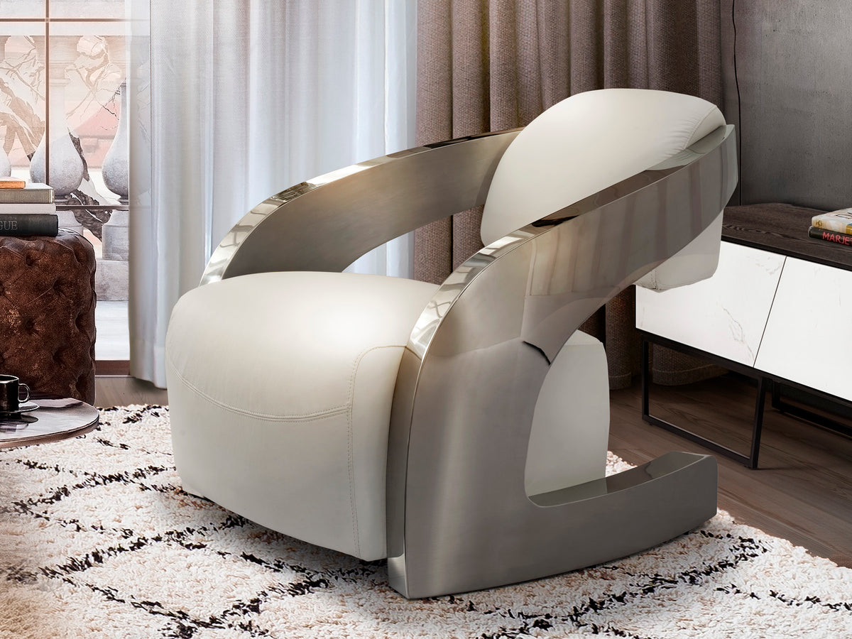 Sillón Tapizado Amanda Piel Italiana Blanca Acero Pulido Schuller en ambiente decorado | Schuller