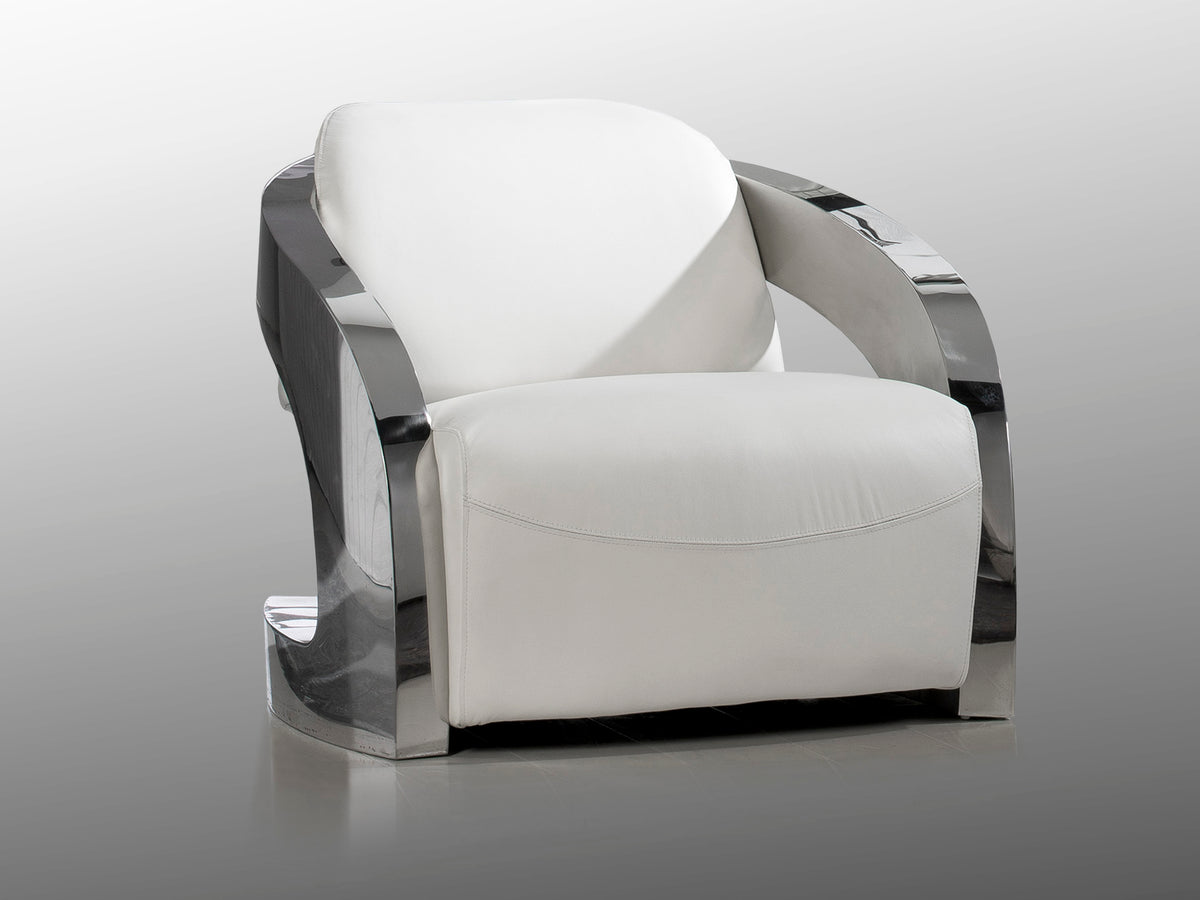 Sillón Tapizado Amanda Piel Italiana Blanca Acero Pulido Schuller en ambiente decorado | Schuller