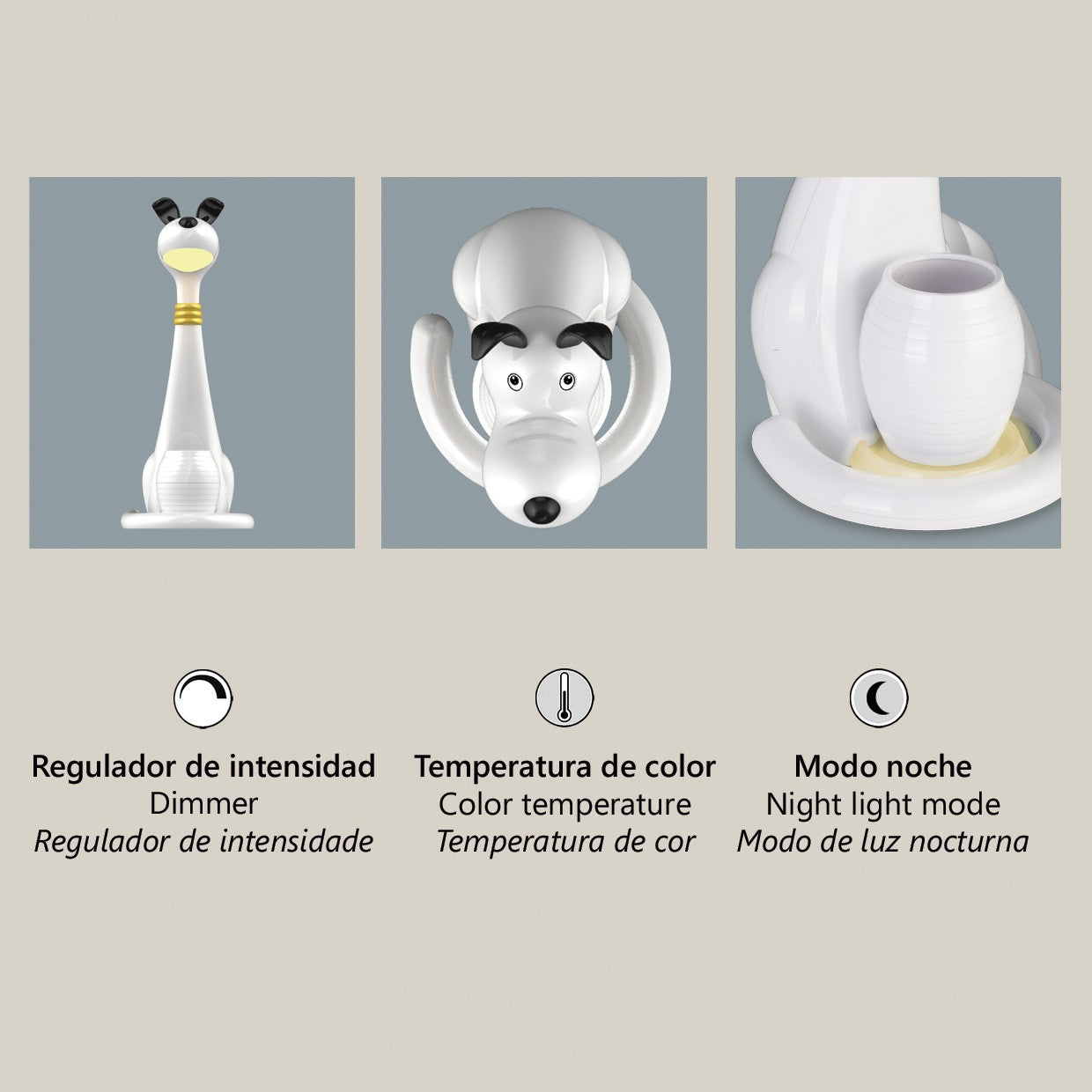 Detalle del interruptor táctil en la lámpara de sobremesa LED Dogo blanco