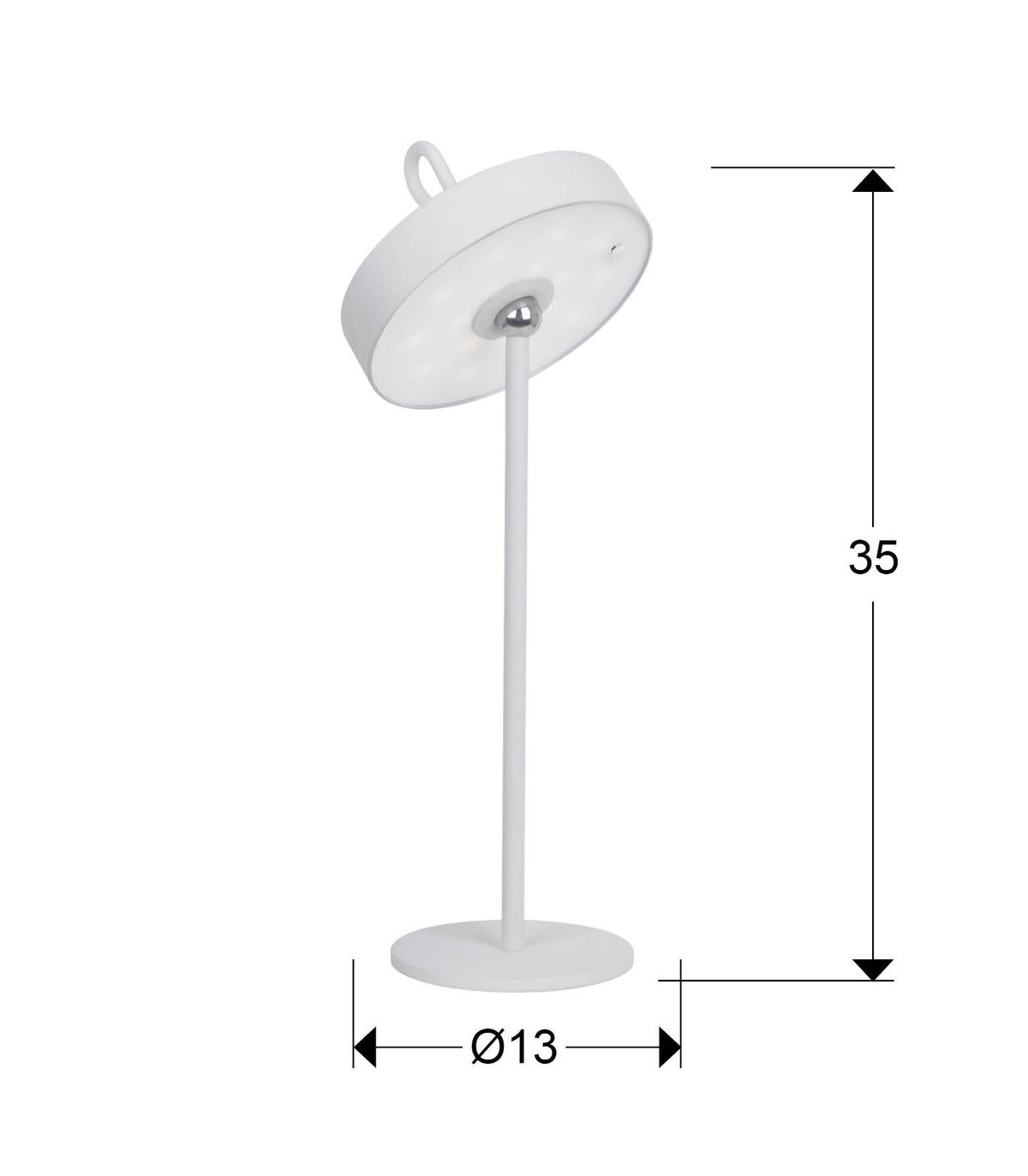Plano con medidas de Lámpara de Sobremesa LED Portátil Gong 35 cm Blanco Schuller · Ref. 551869