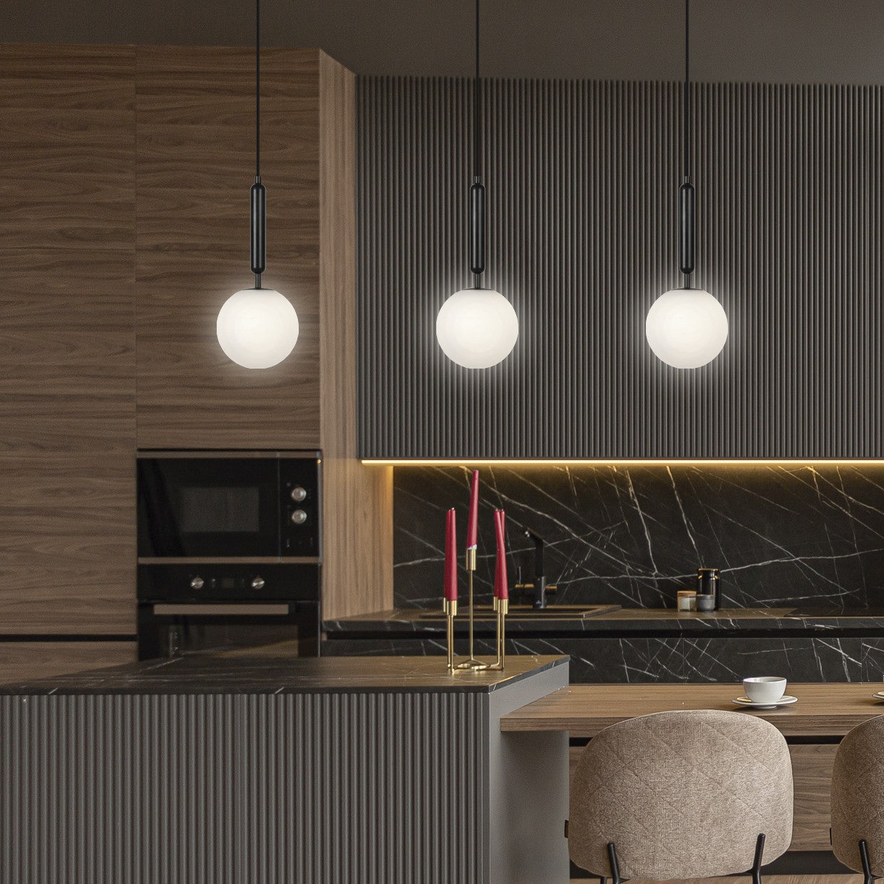 Colgante Ficus negro instalado en comedor moderno - Ambiente iluminado