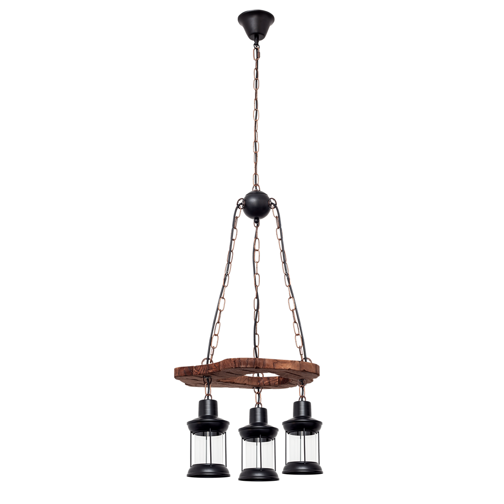 Colgante rústico Cortijo marrón de tres luces, vista frontal, Fabrilamp.