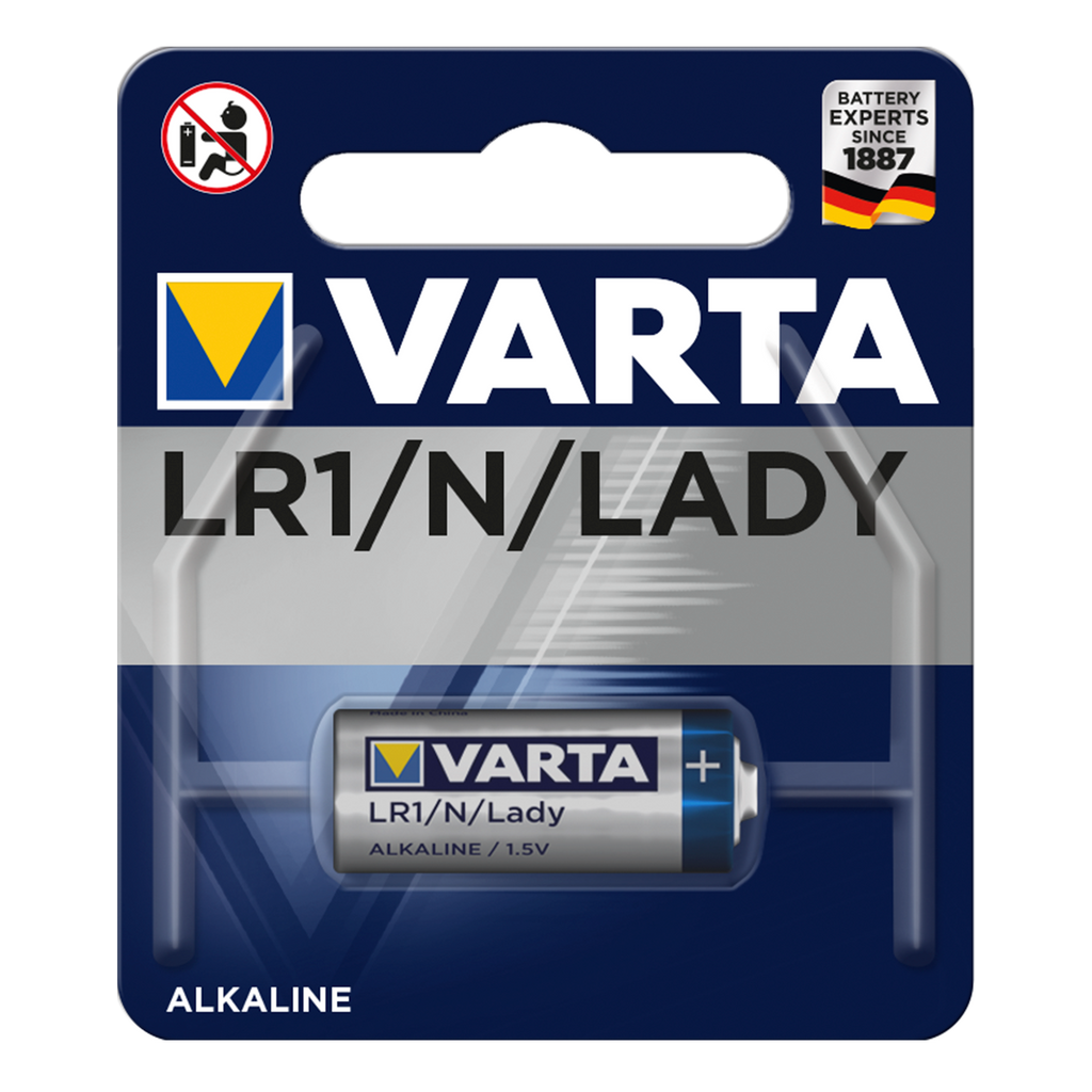 Blister con una pila alcalina Varta LR1 de 1,5 voltios, ideal para dispositivos electrónicos.