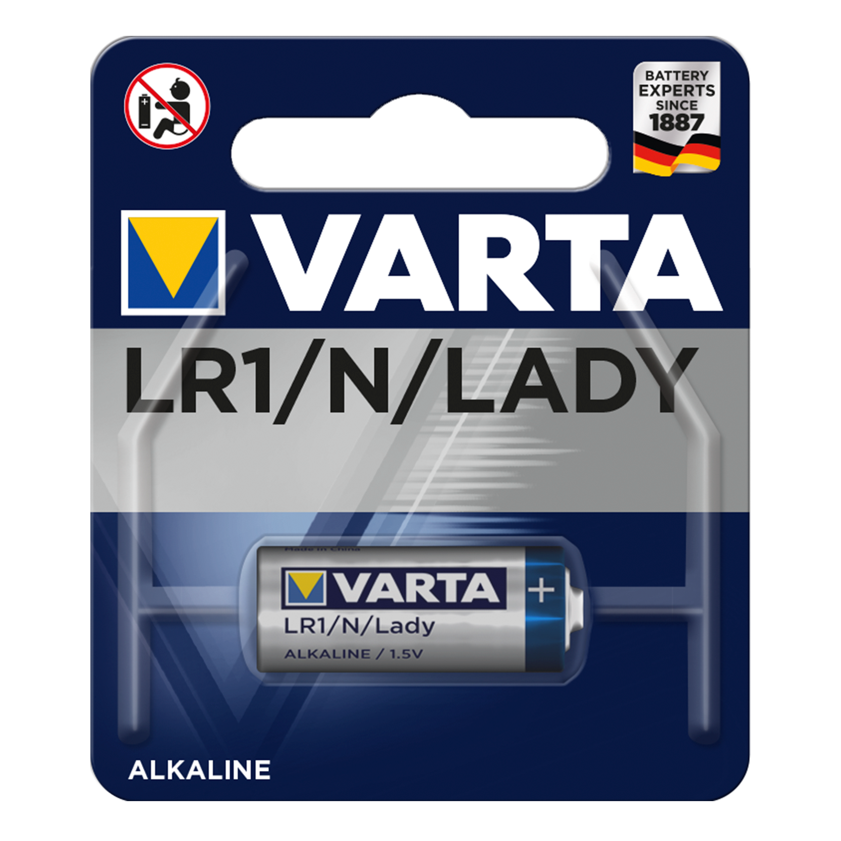 Blister con una pila alcalina Varta LR1 de 1,5 voltios, ideal para dispositivos electrónicos.
