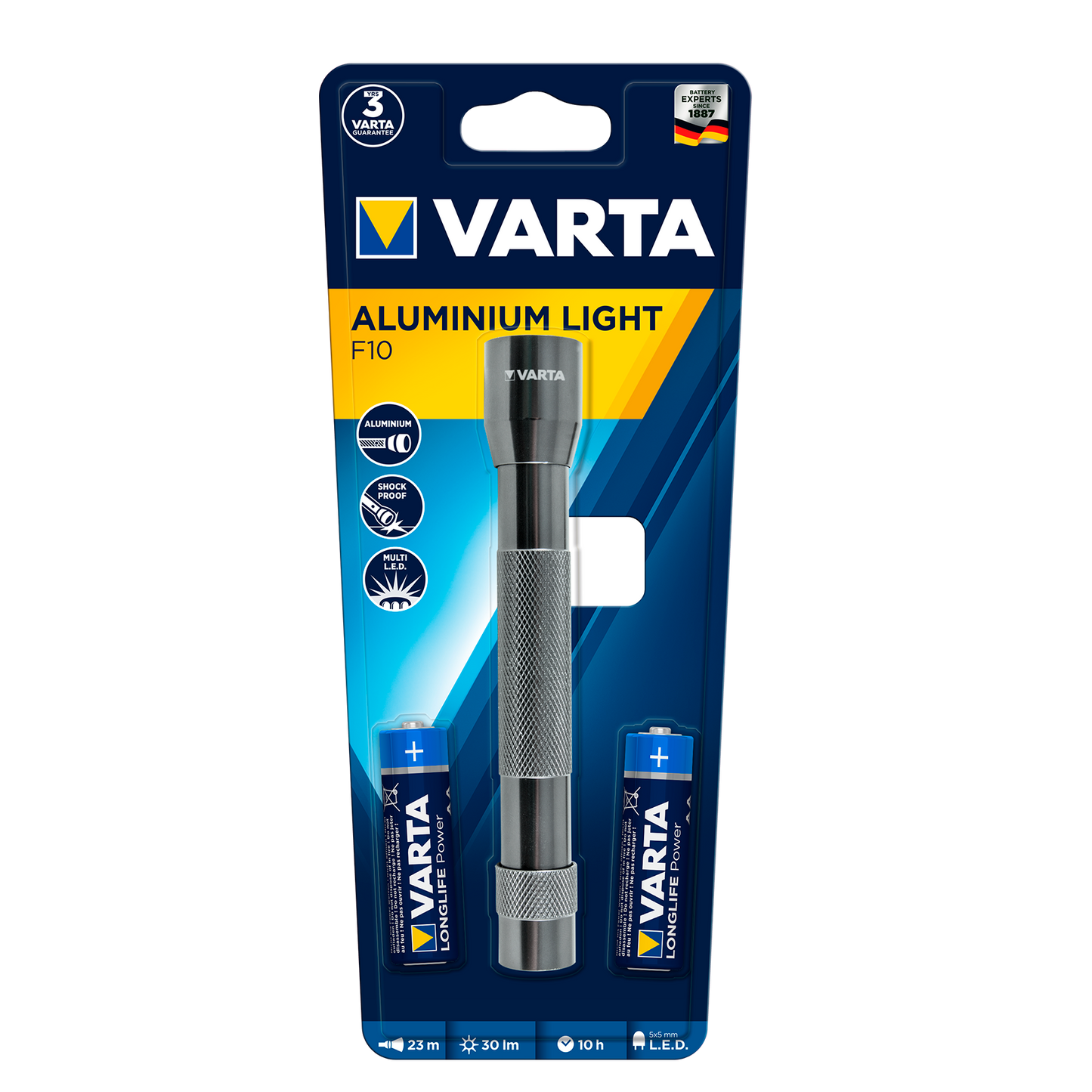 Linterna LED Varta de aluminio gris, vista frontal, mostrando sus LEDs y diseño robusto.