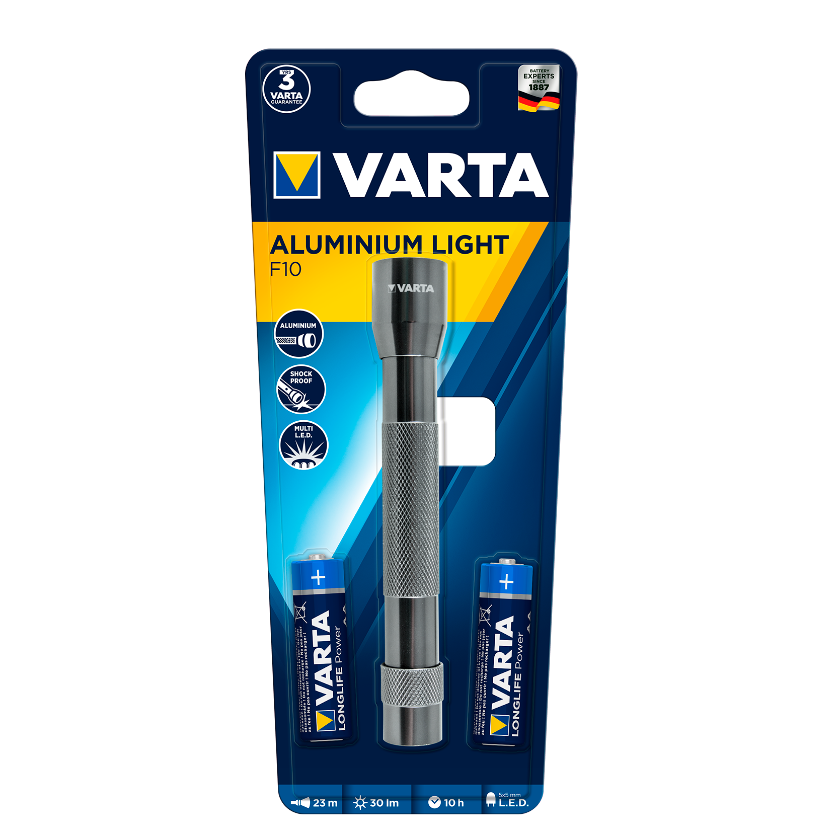 Linterna LED Varta de aluminio gris, vista frontal, mostrando sus LEDs y diseño robusto.