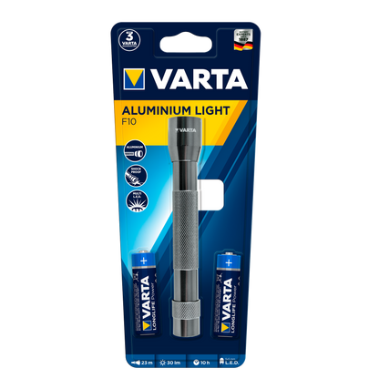 Linterna LED Varta de aluminio gris, vista frontal, mostrando sus LEDs y diseño robusto.