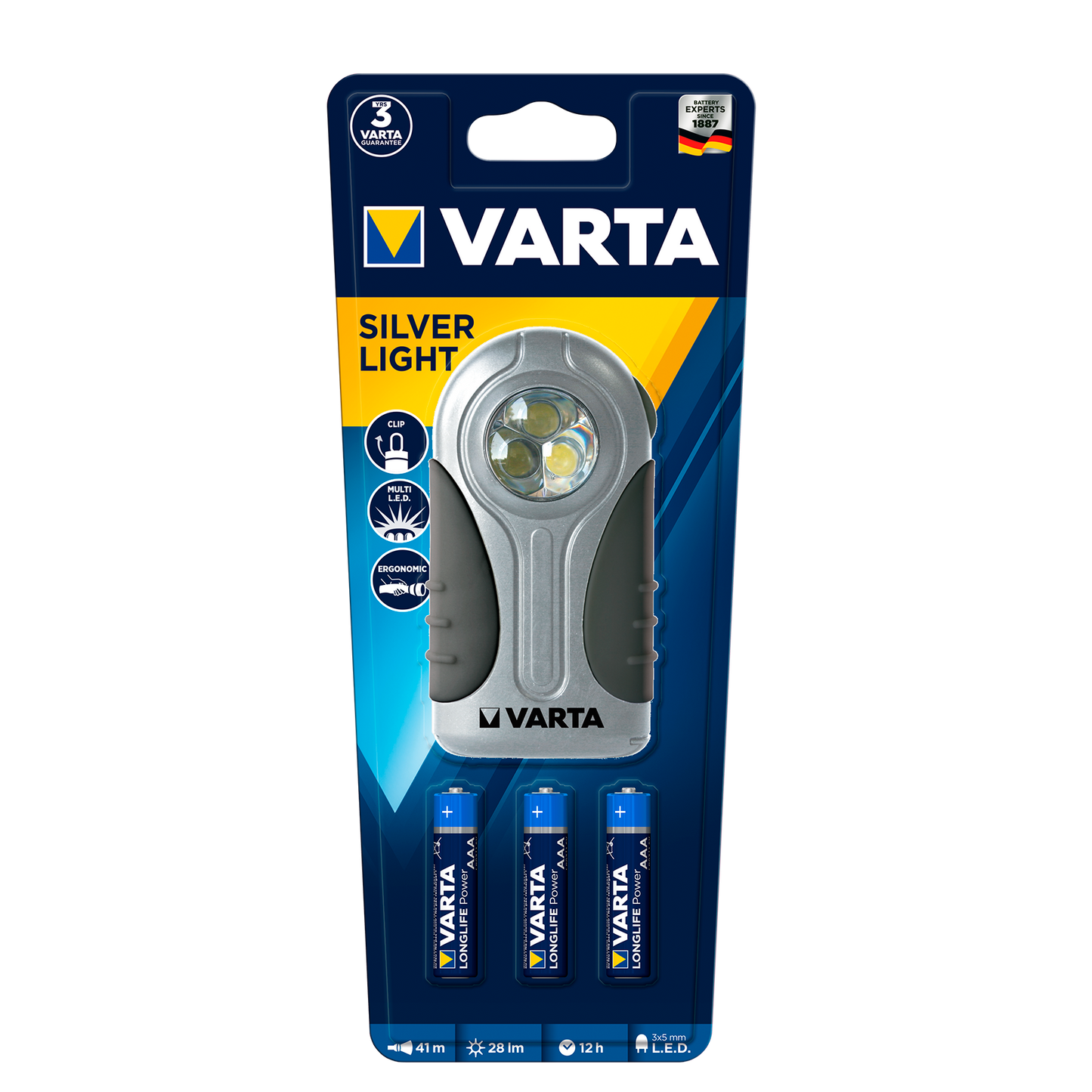 Linterna LED Varta Gris, vista frontal, mostrando su diseño compacto y elegante.