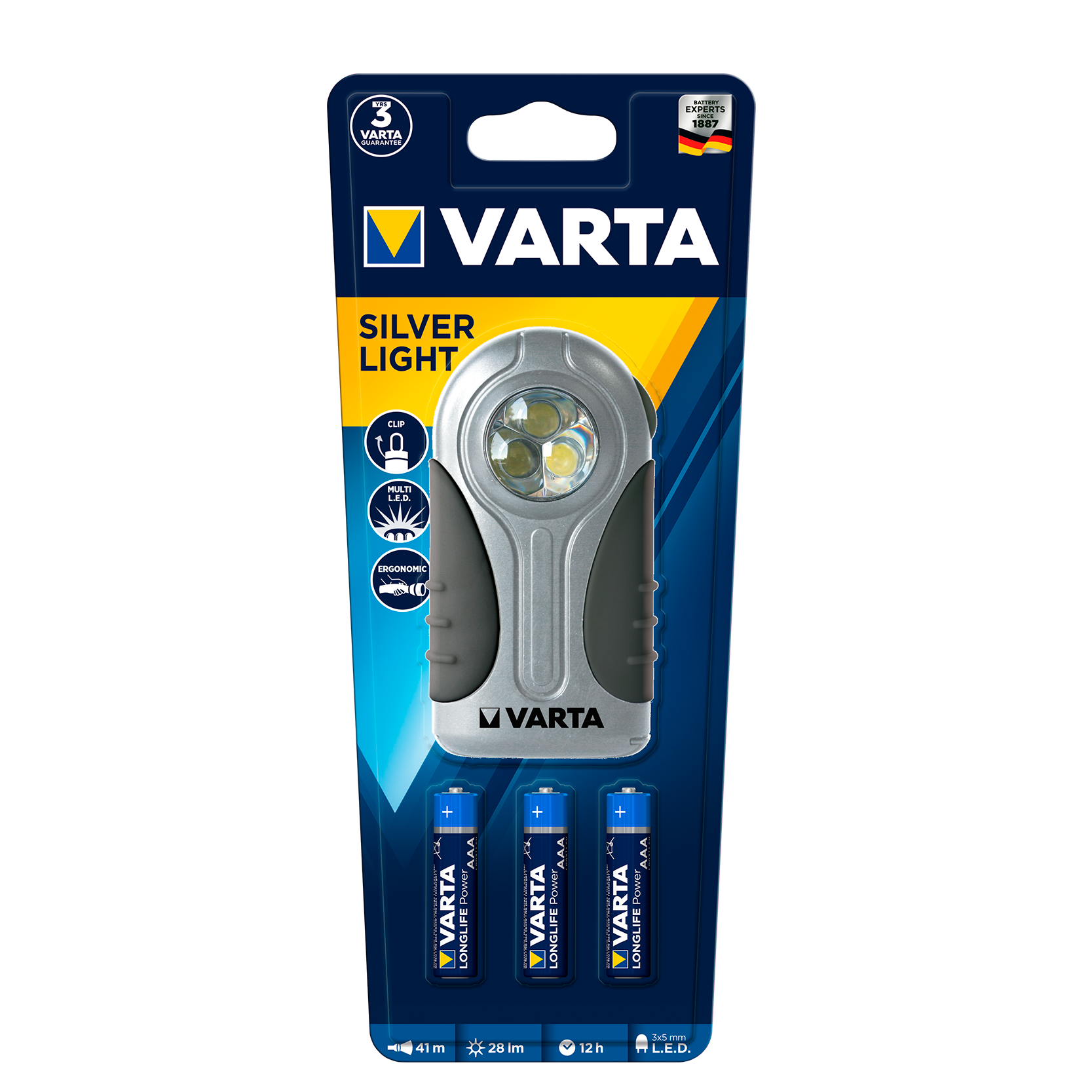 Linterna LED Varta Gris, vista frontal, mostrando su diseño compacto y elegante.