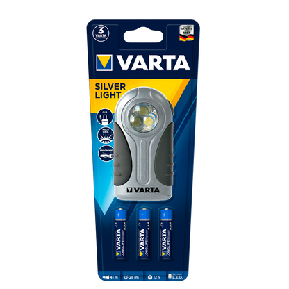 Linterna LED Varta Gris, vista frontal, mostrando su diseño compacto y elegante.