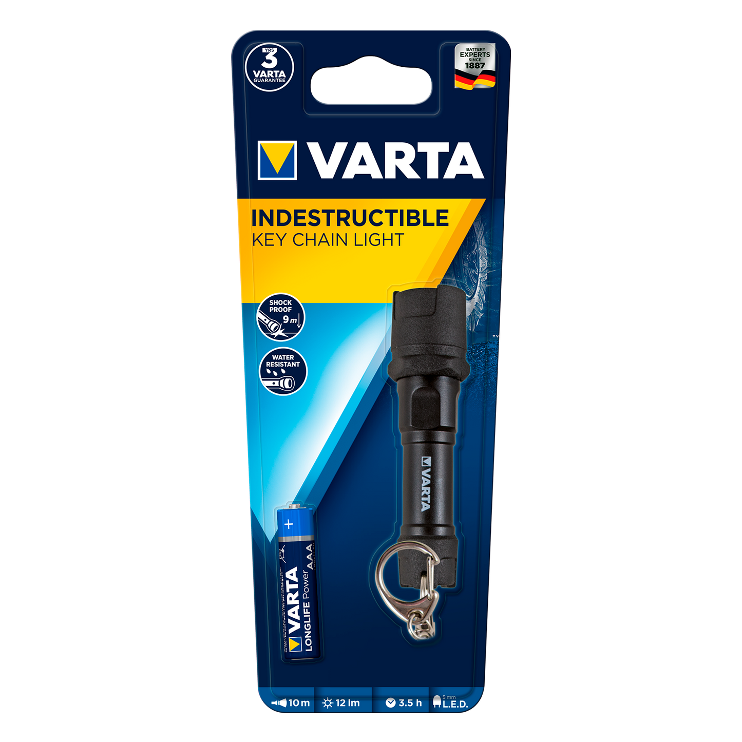 Linterna LED Varta IPX4 negra, vista frontal, mostrando su diseño compacto y resistente.