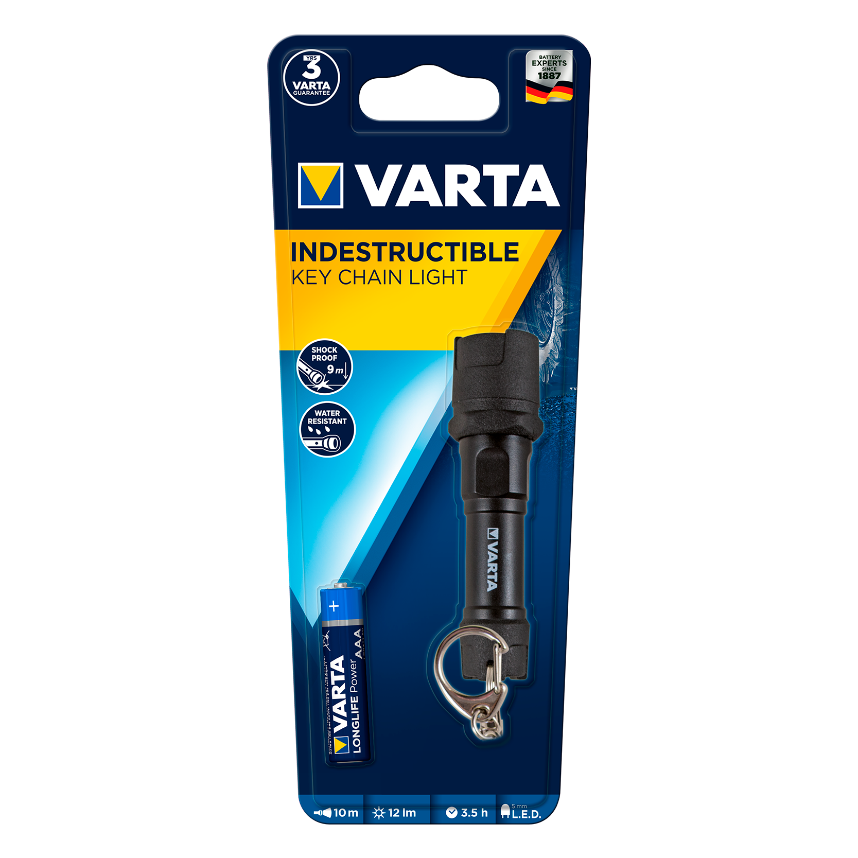 Linterna LED Varta IPX4 negra, vista frontal, mostrando su diseño compacto y resistente.