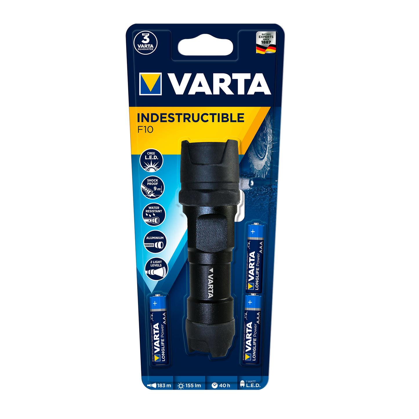 Linterna LED Varta IPX4 negra, vista frontal, mostrando su diseño robusto y resistente.