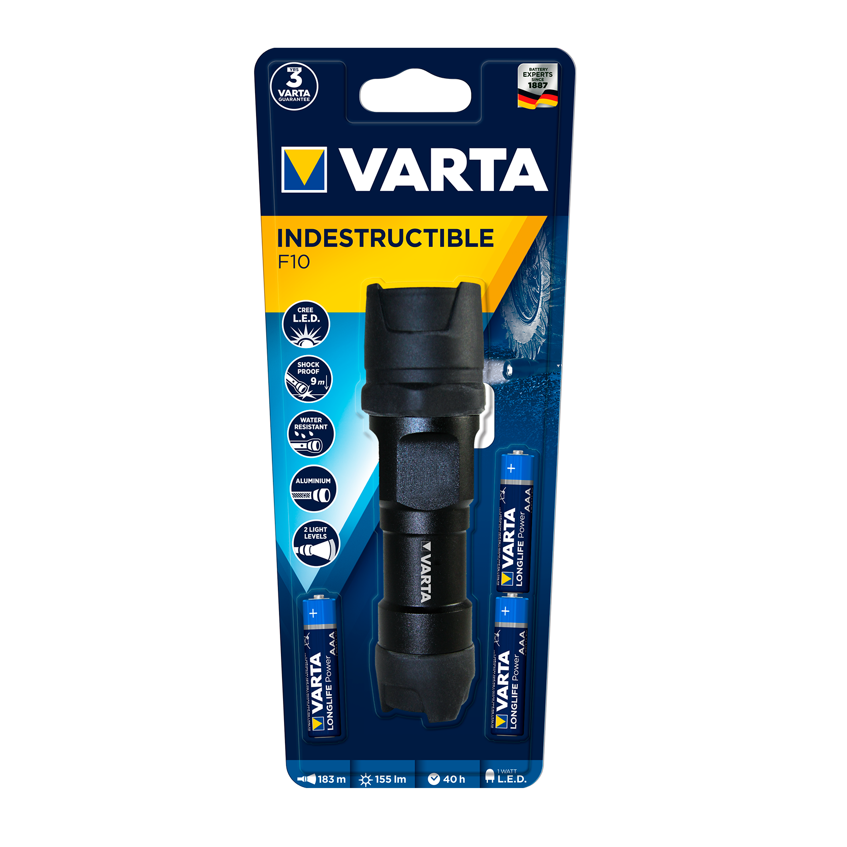 Linterna LED Varta IPX4 negra, vista frontal, mostrando su diseño robusto y resistente.