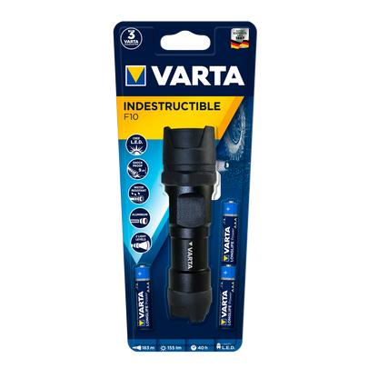 Linterna LED Varta IPX4 negra, vista frontal, mostrando su diseño robusto y resistente.