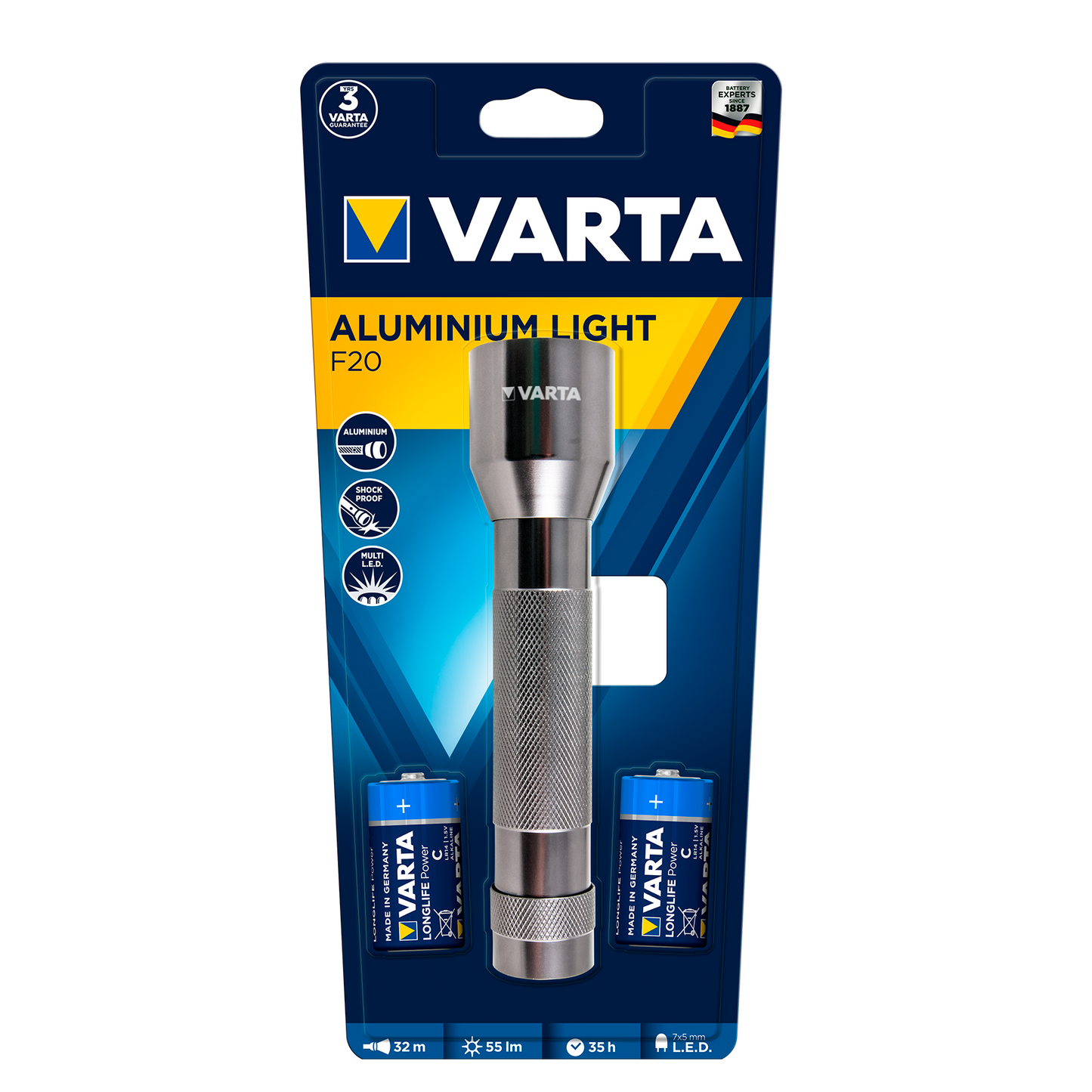 Linterna LED Varta de aluminio, vista frontal. Pilas incluidas.