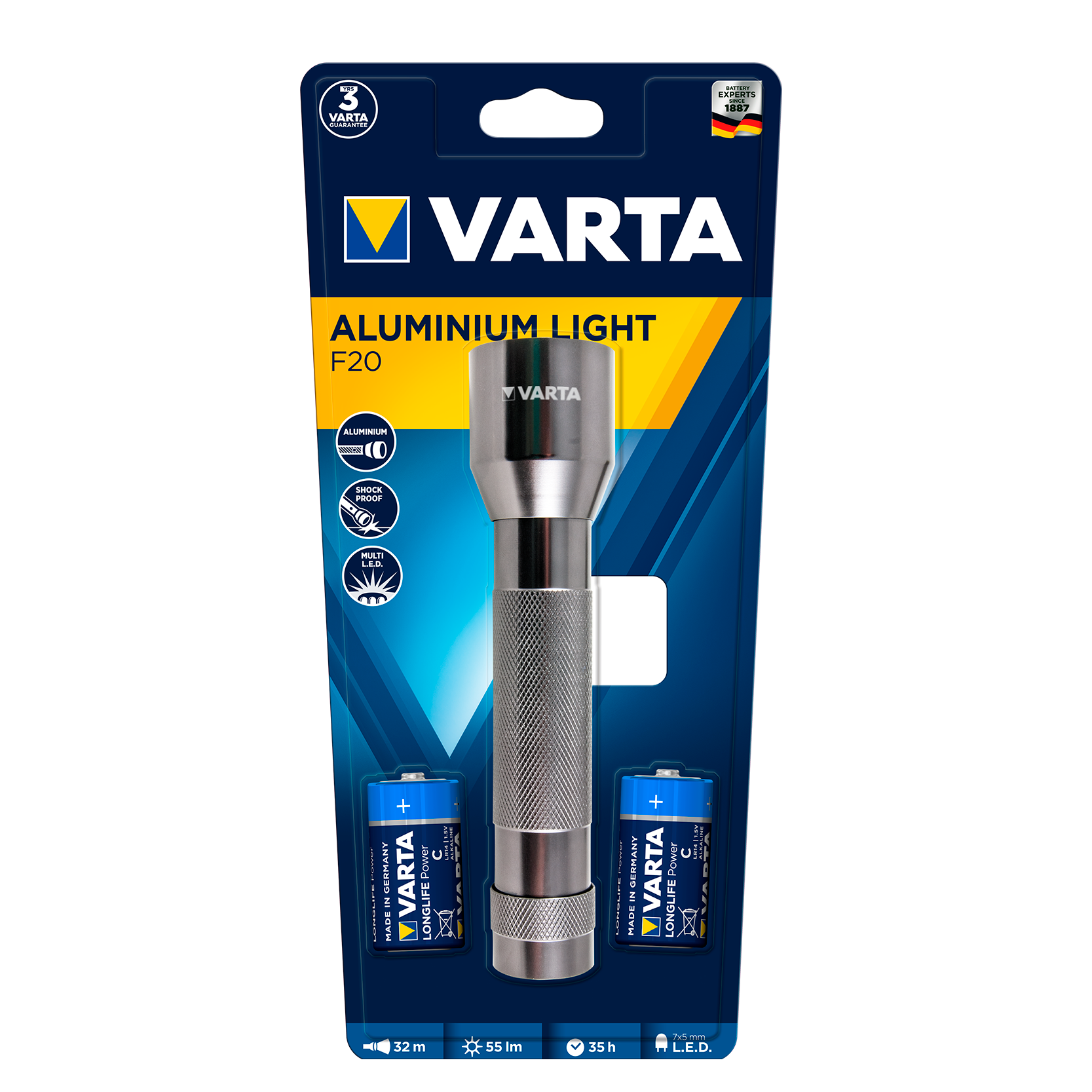 Linterna LED Varta de aluminio, vista frontal. Pilas incluidas.