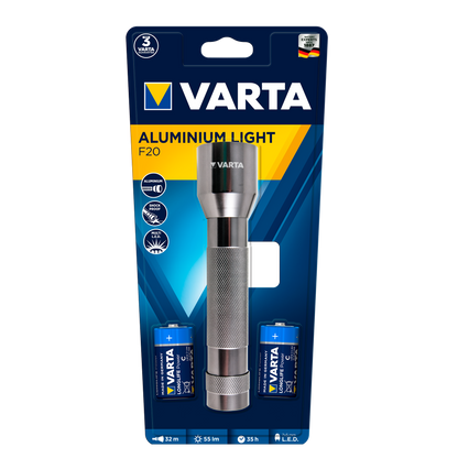 Linterna LED Varta de aluminio, vista frontal. Pilas incluidas.