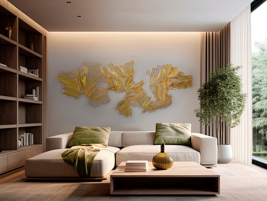 Escultura de Pared Drako 220x90 cm Acero Dorado Brillante Schuller en ambiente decorado | Schuller