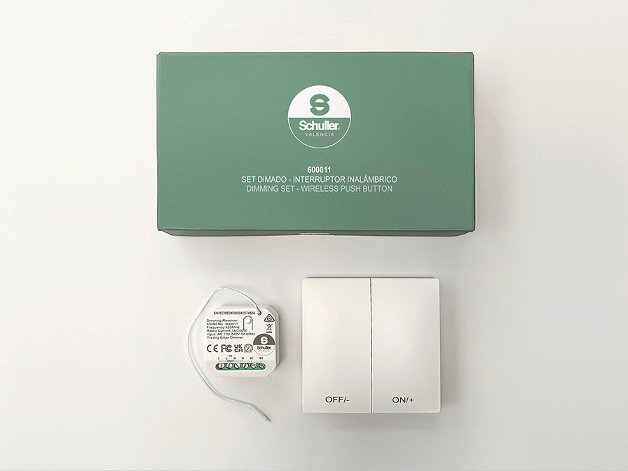 Caja de Set de Dimado Inalámbrico con Interruptor de Schuller (Set Dimado) en color Blanco con receptor y pulsador cinético - Ref 600811.
