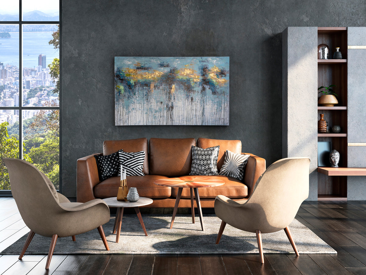 Cuadro Pintura Acrílica Aquas 150x90 cm Detalles Oro Schuller en ambiente decorado | Schuller