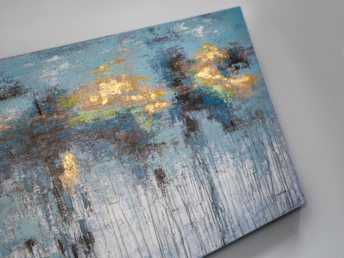 Cuadro Pintura Acrílica Aquas 150x90 cm Detalles Oro Schuller en ambiente decorado | Schuller