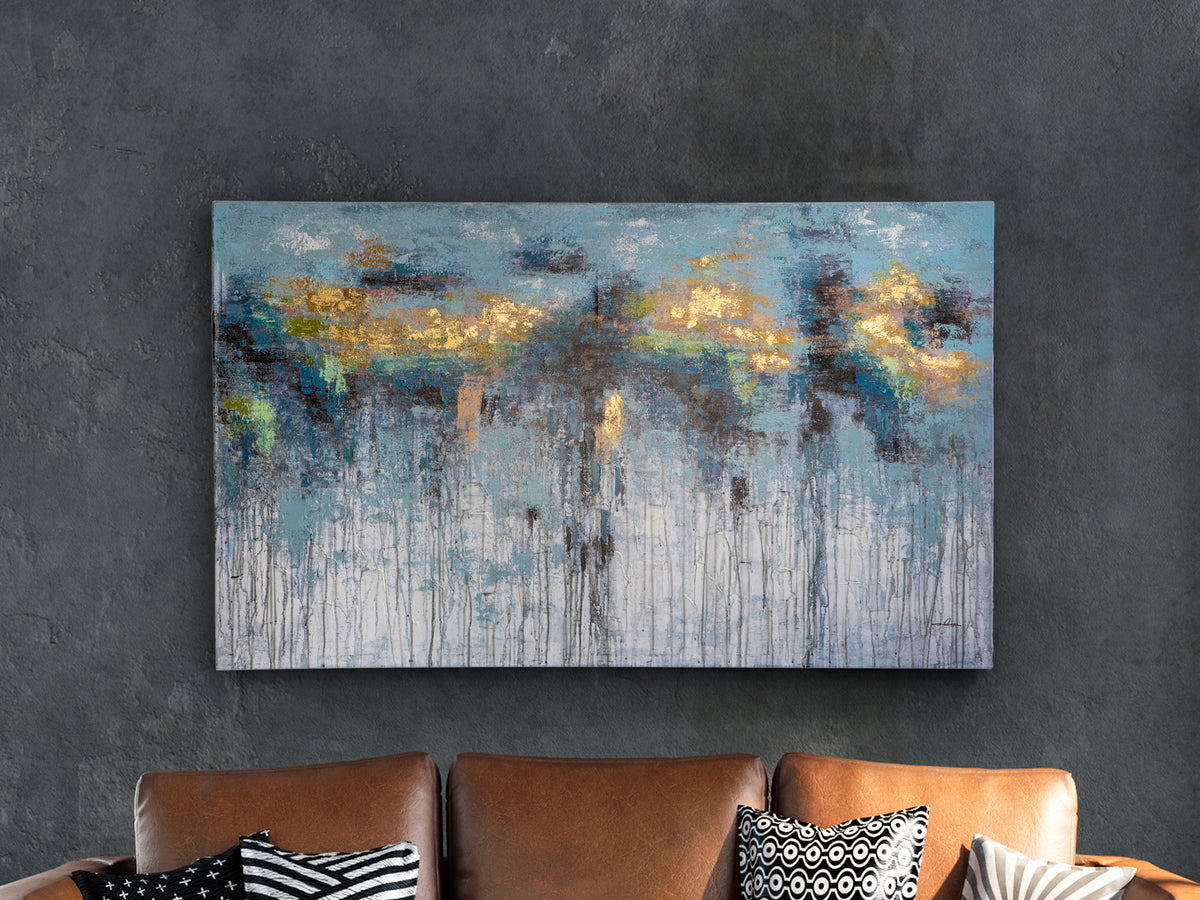 Cuadro Pintura Acrílica Aquas 150x90 cm Detalles Oro Schuller en ambiente decorado | Schuller