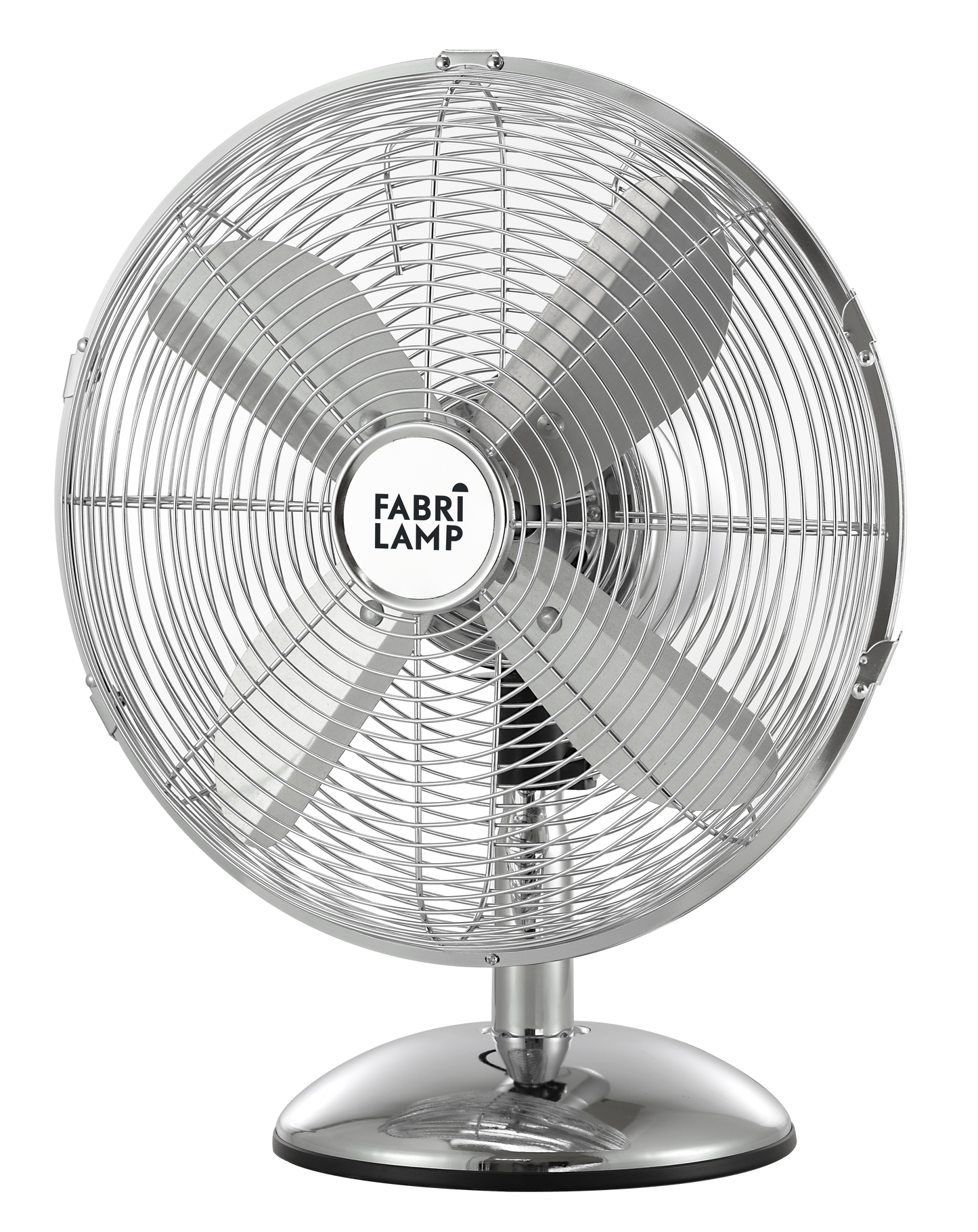 Ventilador de sobremesa Pali Cromo 50W de Fabrilamp, vista frontal.  Encuéntralo en luzguru.com