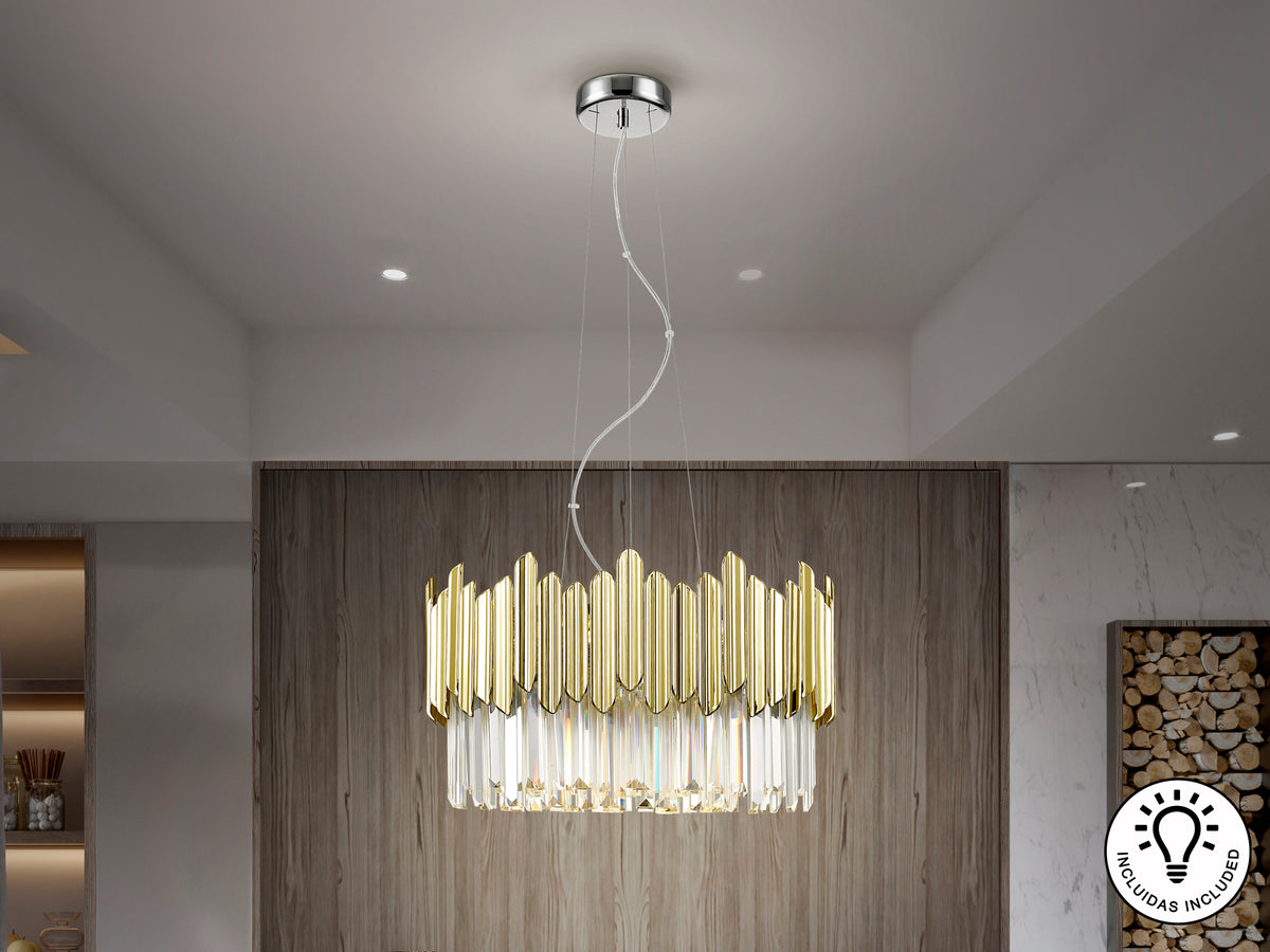 Lámpara de Techo Tiara 6 Luces G9 Cristal Facetado Cromo y Oro Schuller en ambiente decorado | Schuller