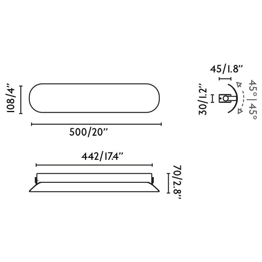 Plano con medidas de Aplique LED NOVO 500 11W Negro Mate Abatible FARO
