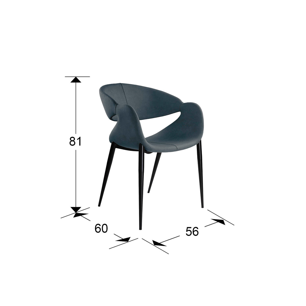 Plano con medidas de Sillón Giro Azul Oscuro con Patas Negras Mate Schuller · Ref. 629126