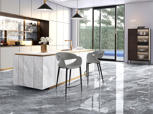 Taburete Alto de diseño Giro II de Schuller (Giro II) tapizado en Gris Claro con patas negras - Ref 629362.

