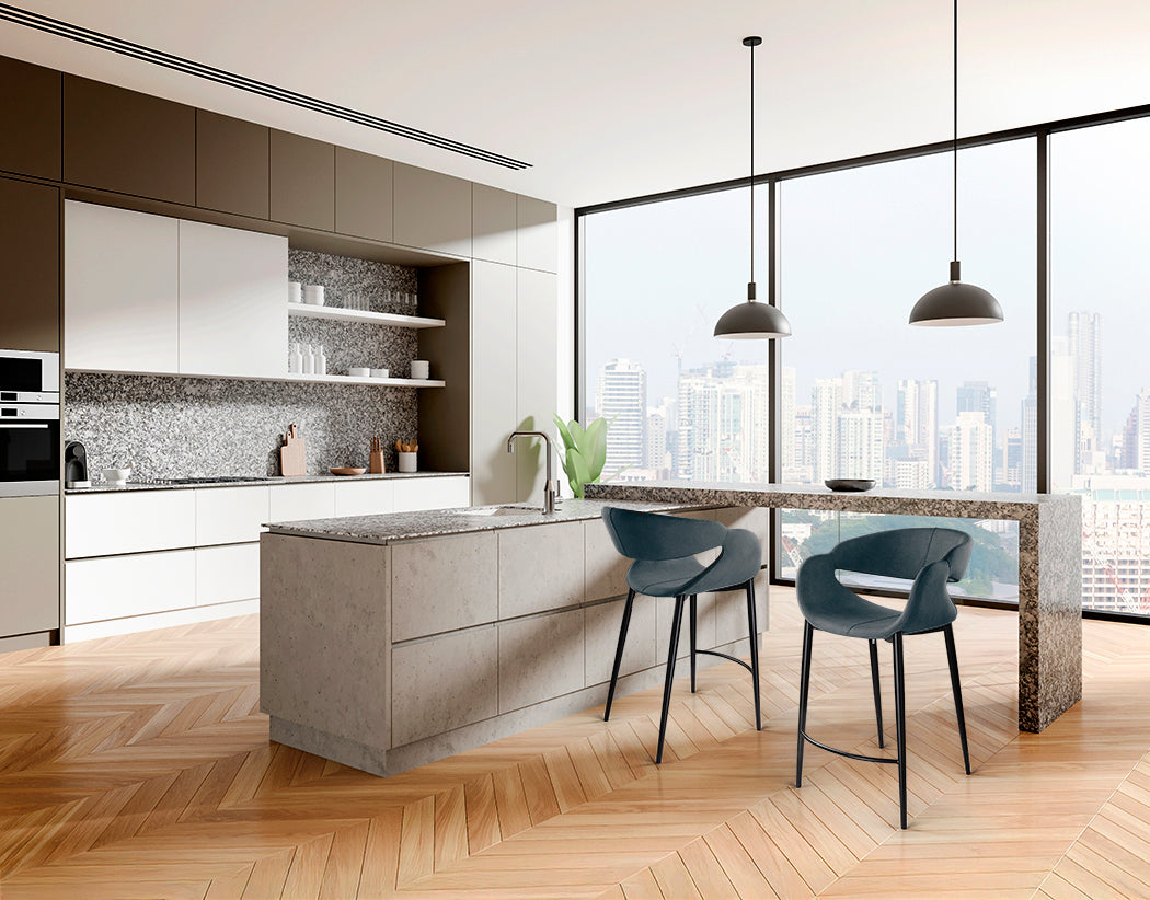 Taburete Alto de diseño Giro II de Schuller (Giro II) tapizado en Azul Oscuro con patas negras - Ref 629379.

