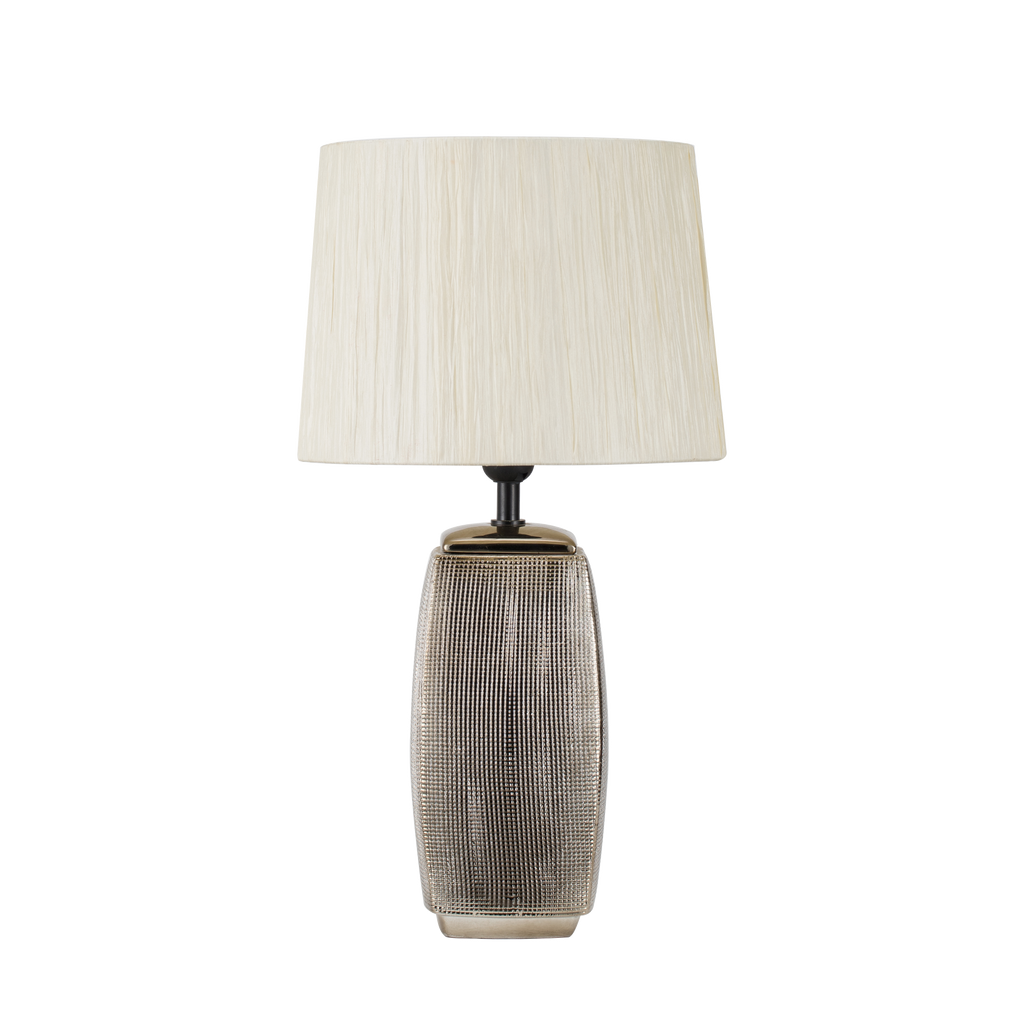 Sobremesa Cerámica Sucupira Bronce Dorado con pantalla Beige, vista frontal.