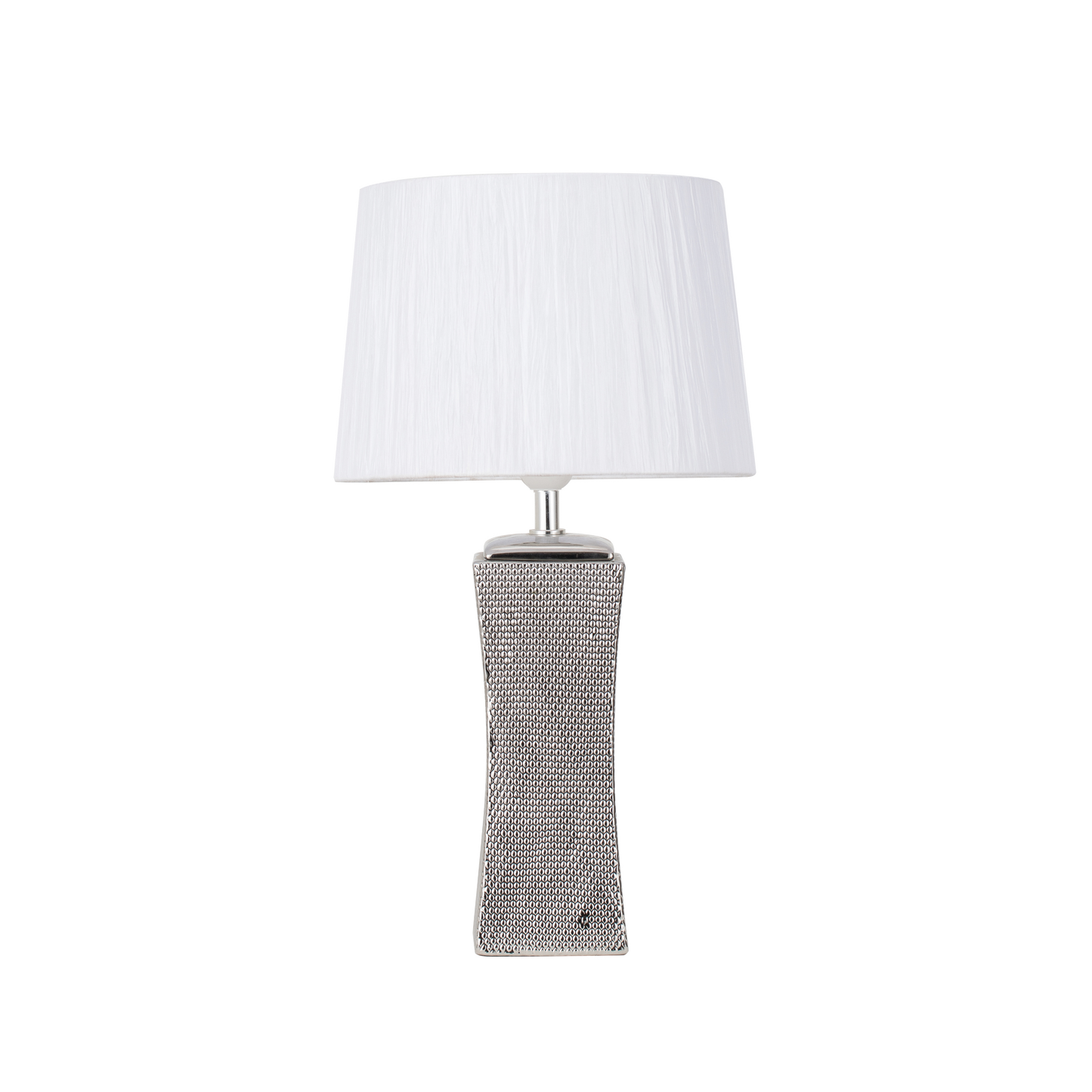 Sobremesa Palo Santo fabricado en cerámica color plata con pantalla textil blanca