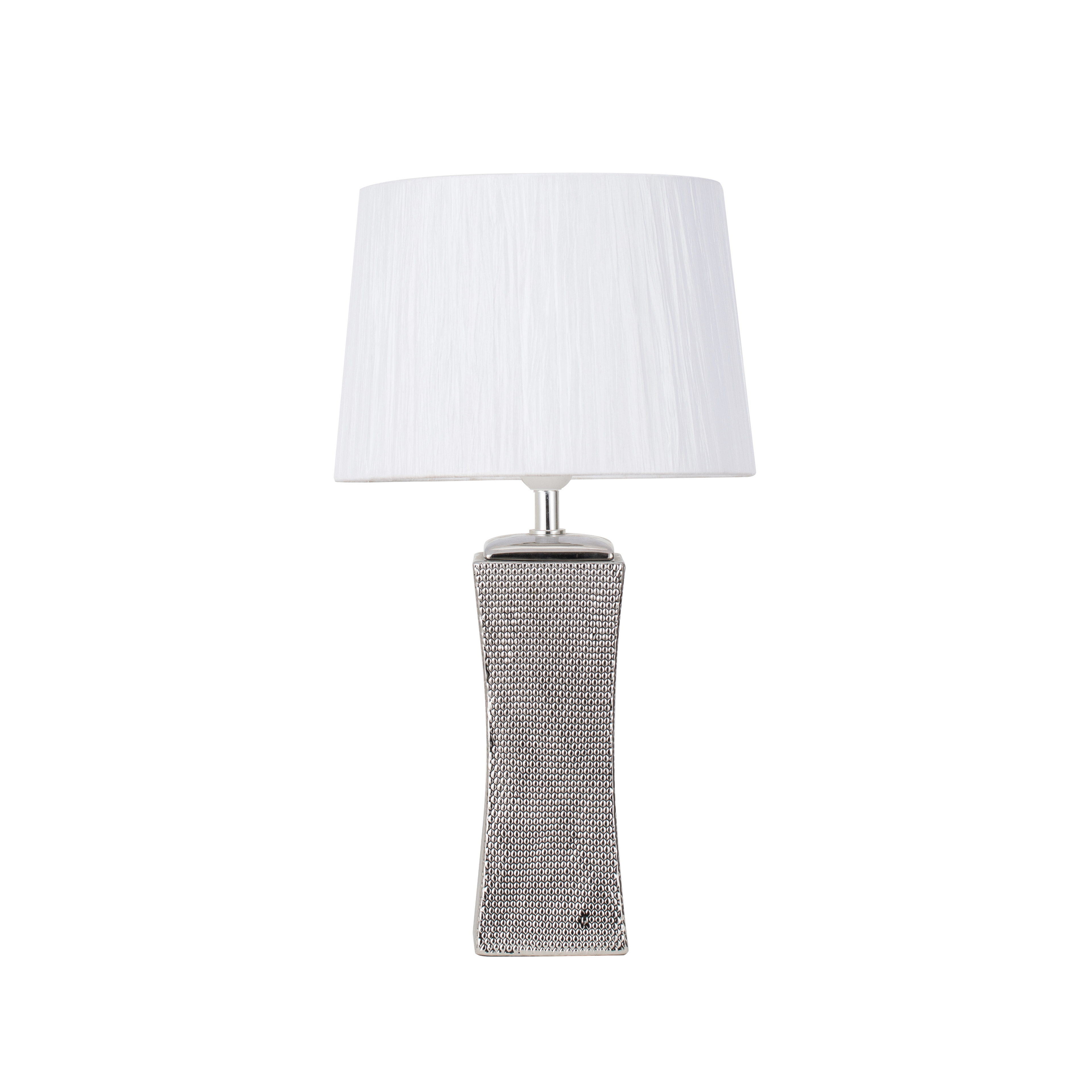 Sobremesa Palo Santo fabricado en cerámica color plata con pantalla textil blanca